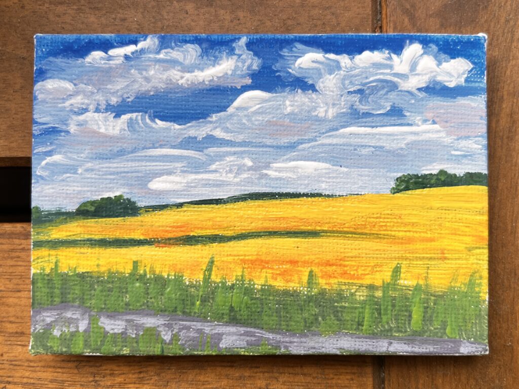 Gouache painting of rapeseed fields