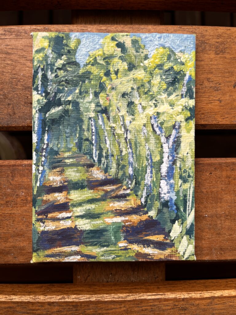 Gouache painting of a path in the Riebnitzer Großes Moor