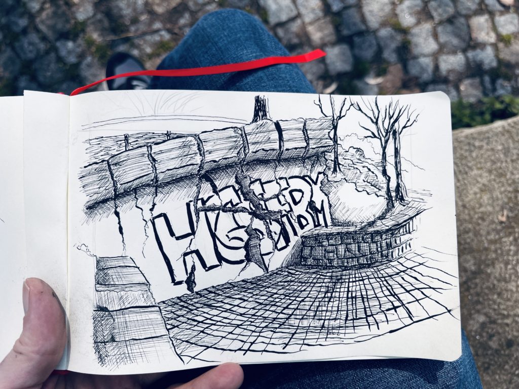 Ink drawing of the blasted bunker in Volkspark Friedrichshain